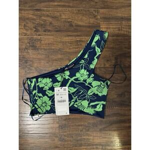 Zara Navy Blue & Green Tropical Sleeveless One Shoulder Crop Top New Size Medium